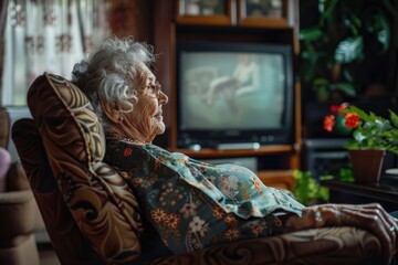 Fototapeta na wymiar Elderly woman sitting in a chair in front of a television. Suitable for concepts related to leisure, relaxation, and elderly lifestyle