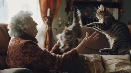Woman sitting on a couch playing with a cat. Suitable for pet lovers