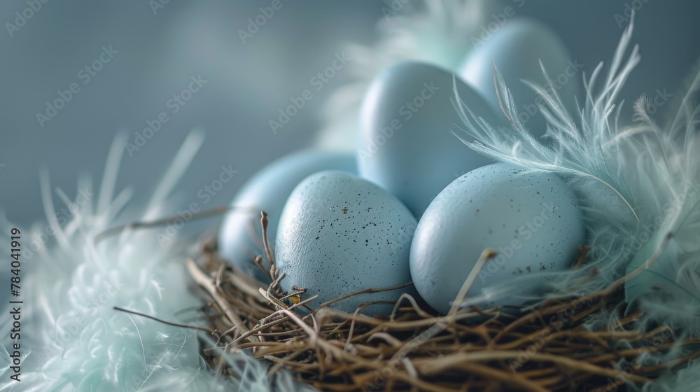 Poster close up view of a nest with blue eggs. suitable for nature and wildlife themes