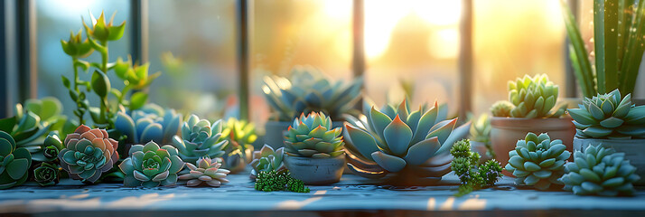 Macro shot of a collection of succulents on a windowsill in a sunroom, hyperrealistic photography of modern interior design - obrazy, fototapety, plakaty