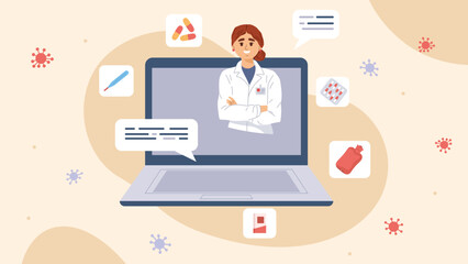 A female doctor in a virtual consultation, surrounded by medical icons, on a beige background, illustrating telemedicine. Vector illustration