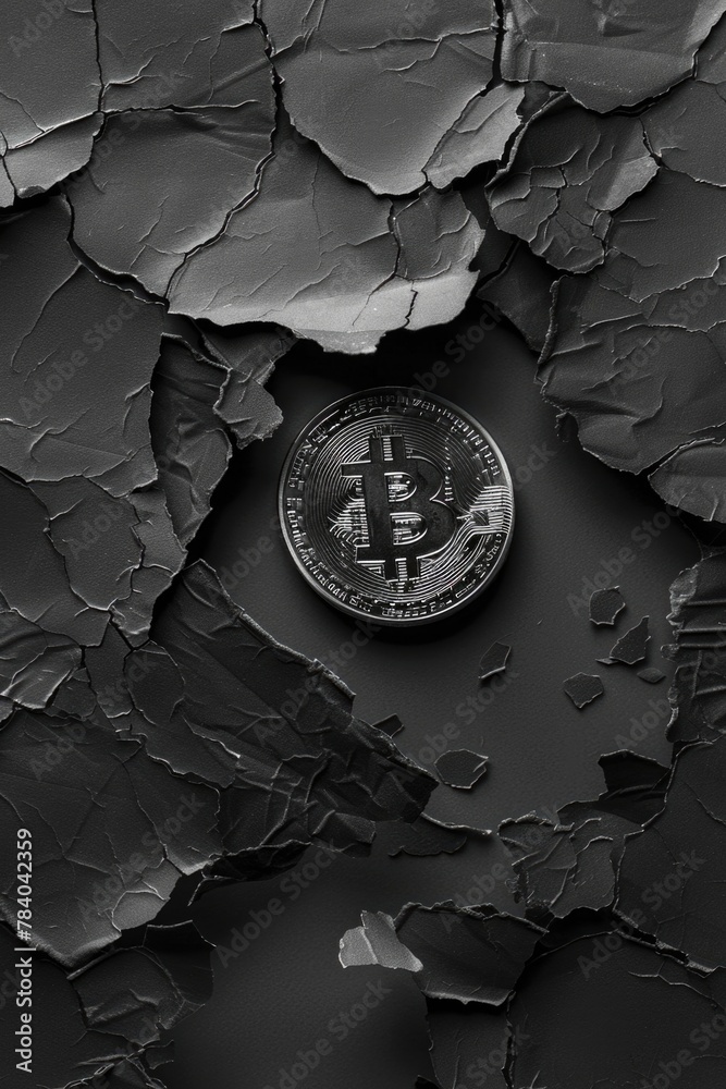 Poster a black and white photo of a bitcoin. suitable for finance and technology concepts
