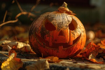 A spooky Halloween pumpkin sitting on a pile of leaves. Great for autumn themed designs