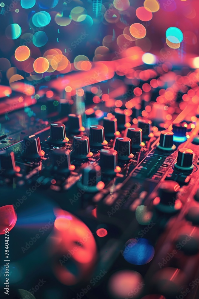Poster close up of a mixing board with blurry lights in the background. great for music production projects