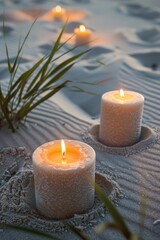 Romantic candles on sandy beach, perfect for summer concepts