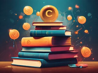 World book and copyright day | April 23 | An illustration depicting a stack of books with copyright symbols hovering above them
