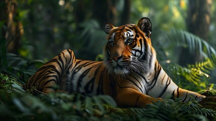 A Close-Up of a Bengal Tiger Resting in a Lush Environment