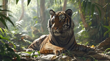 A Close-Up of a Bengal Tiger Resting in a Lush Environment - obrazy, fototapety, plakaty