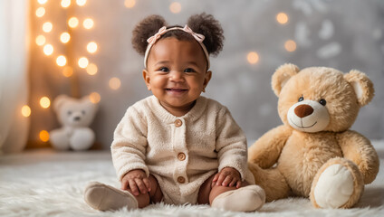cute little African American baby with teddy bear at home positive