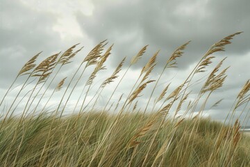 Tall grass blowing in the wind on a cloudy day. Suitable for nature or weather concepts