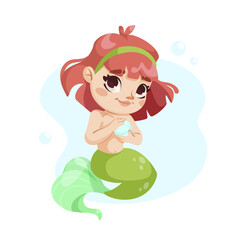 Cute cartoon mermaid holding a pearl, illustrated in a playful, child-friendly style on a soft blue background. Vector illustration
