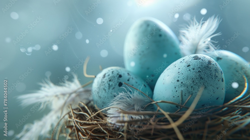 Poster close up of a nest with four eggs. perfect for nature themes