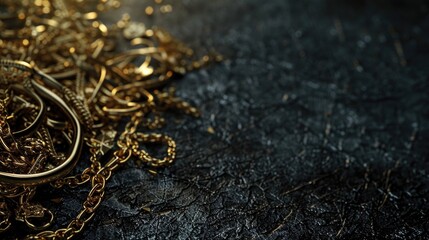 A pile of gold chains with a pair of scissors. Suitable for jewelry or craft projects - obrazy, fototapety, plakaty