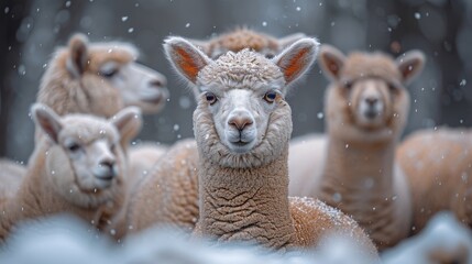 Fototapeta premium A herd of sheep aligns next to one another on a snow-covered field, surrounded by a forest with trees in the background
