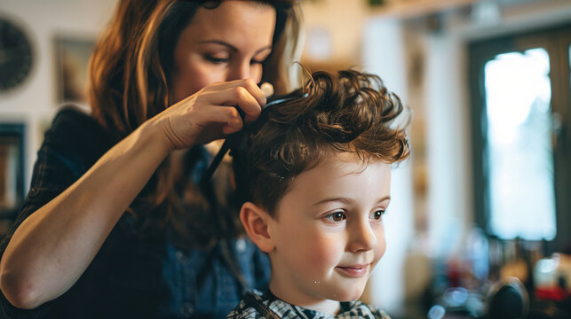 6 year old boy getting his hair cut by his mother at home.