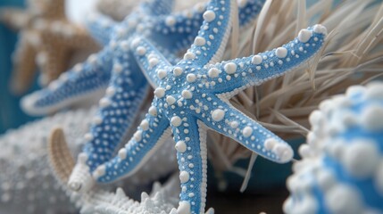 A close-up of a collection of colorful starfish on a table. Perfect for marine-themed designs - obrazy, fototapety, plakaty