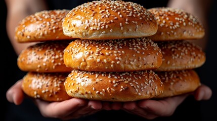   A palms-full of stacked sesame seed bagels - obrazy, fototapety, plakaty