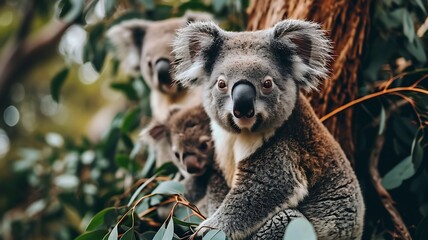 A Family of Koalas Nestled Among Eucalyptus Trees