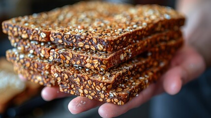   A tight shot of an individual's hands grasping a tower of sesame-topped crackers