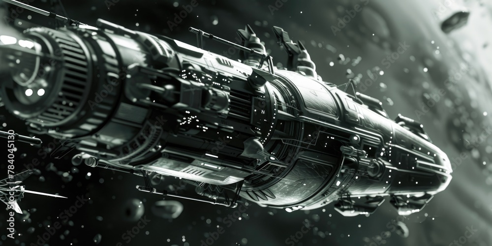Poster A futuristic space ship floating in the air. Suitable for sci-fi concepts
