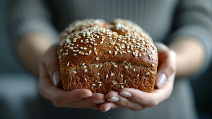   A close-up of a person's hand holding a sesame-seed-sprinkled bun, next to another identical bun also covered in sesame seeds