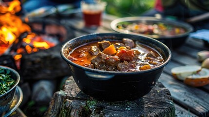 Delicious stew in a bowl on rustic table, perfect for food blogs or recipe websites