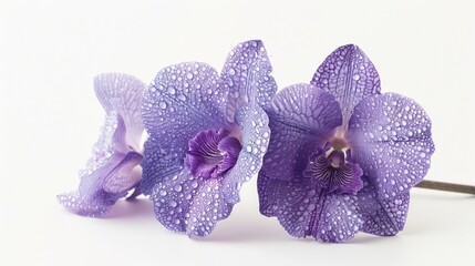 Close-up of two purple flowers covered in water droplets. Suitable for nature and garden themes