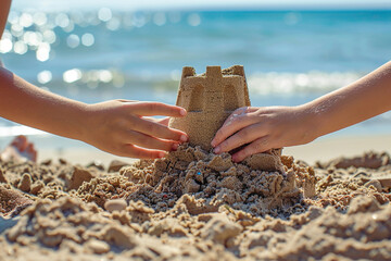 A cute sister and brother's hands building a sandcastle at the beach, crafting a sandy masterpiece. - obrazy, fototapety, plakaty