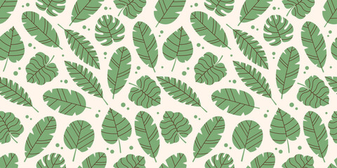 Tropical leaves pattern in green color.  Palm leaves, monsters, bright jungle forest. Botanical vector illustration. Modern exotic design for paper, fabric, and interior decor. Summer Journey. 