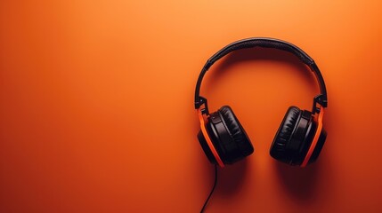 Stylish black and orange headphones on a vibrant orange background. Perfect for music lovers and tech enthusiasts - obrazy, fototapety, plakaty
