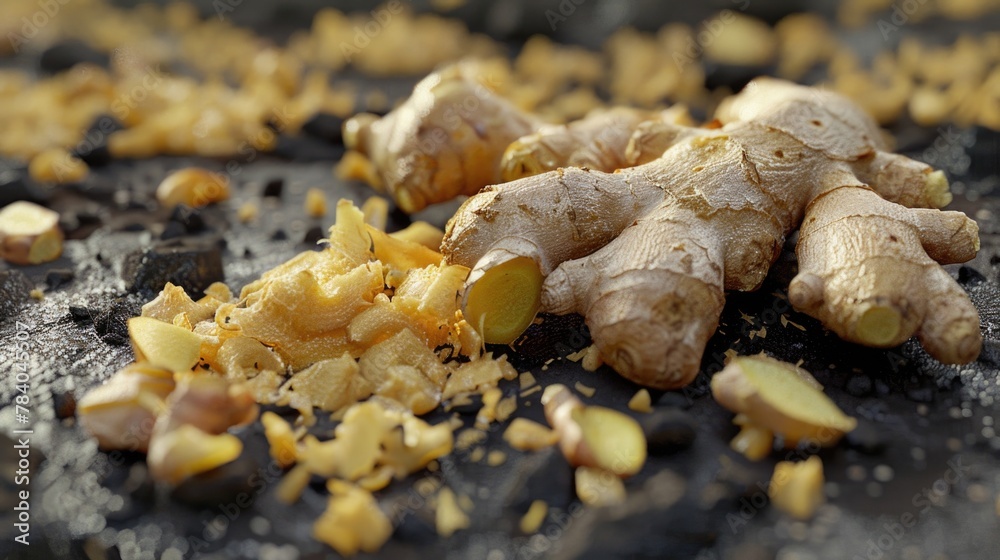 Poster a detailed close up of sliced ginger on a table. ideal for food and spice concepts