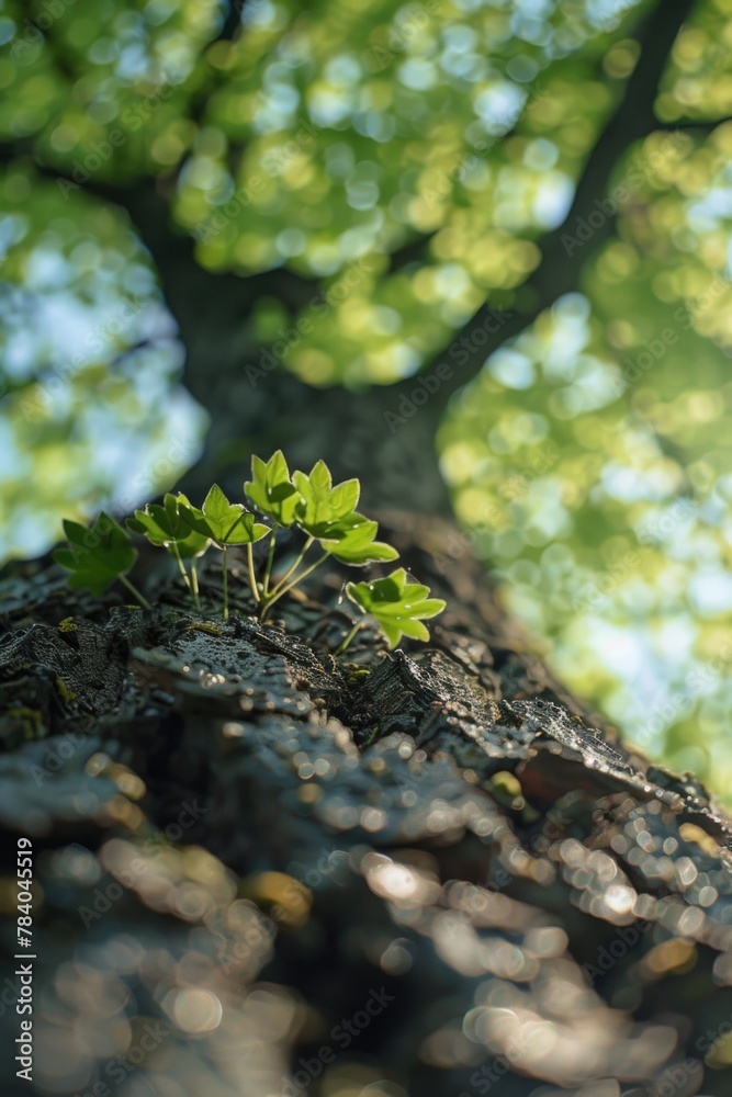 Poster a small plant growing on the bark of a tree. suitable for nature or growth concepts