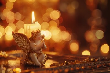Fototapeta premium Small angel figurine sitting next to a glowing candle. Perfect for religious and spiritual concepts