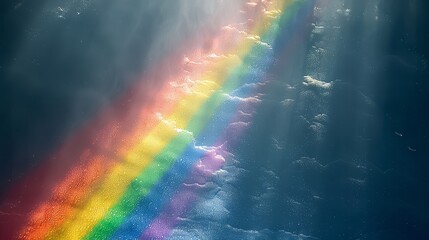   A rainbow, positioned centrally in the sky, features clouds and sun rays emanating from its upper edge - obrazy, fototapety, plakaty