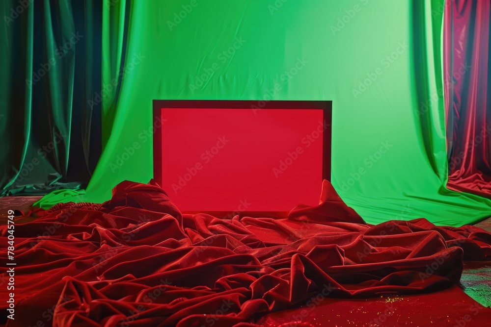 Poster A green screen with a red box in the middle. Suitable for digital design projects