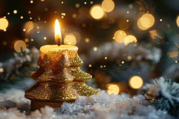 A lit candle sitting on top of snow covered ground. Can be used for winter themed designs