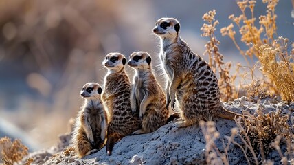A Family of Meerkats Standing Alertly in a Desert Landscape - obrazy, fototapety, plakaty