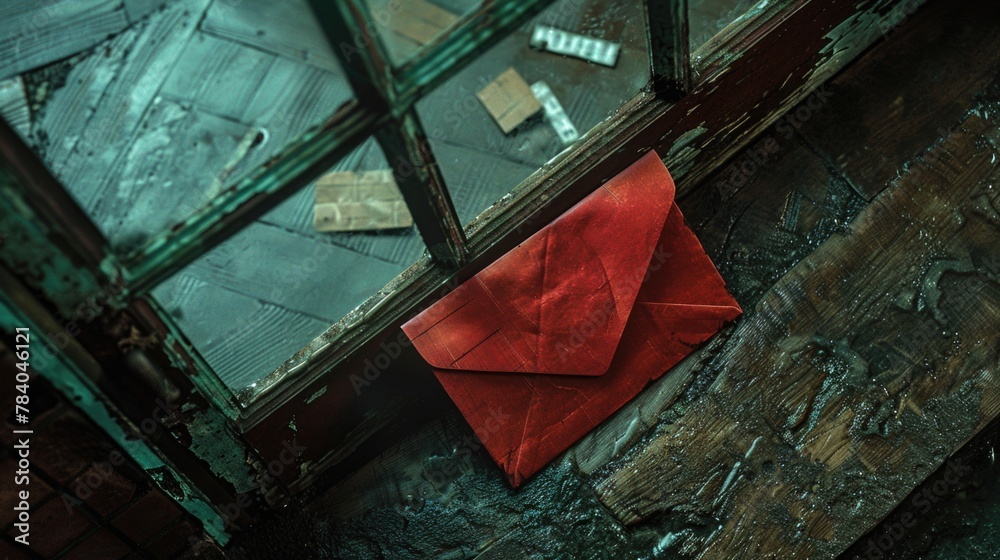 Poster a red envelope resting on a wooden floor, suitable for various concepts and designs