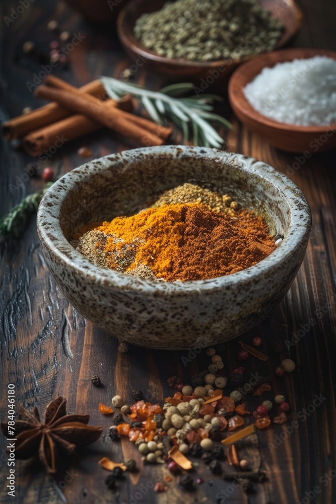Poster various bowls of spices displayed on a wooden table. ideal for culinary projects