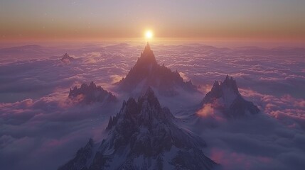   A cluster of mountains situated in the mid-sky, with the sun overhead - obrazy, fototapety, plakaty