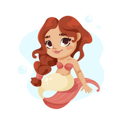 An illustration of a cute mermaid with red hair, cartoon style, on a light blue background, concept of fantasy creatures. Vector illustration