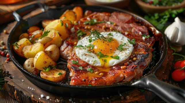 A delicious fried egg and potatoes in a skillet. Perfect for breakfast menus