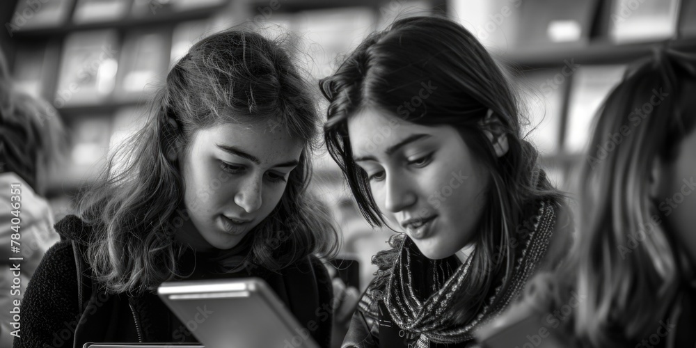 Poster two girls looking at a tablet computer in a library. suitable for educational and technology concept