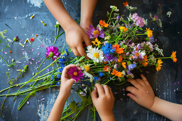 A cute sister and brother's hands arranging a bouquet of wildflowers, showcasing nature's vibrant colors.
