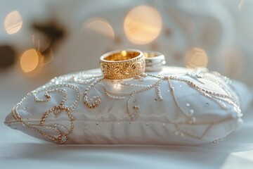 Fototapeta premium A wedding ring placed on a pillow, suitable for wedding and engagement concepts