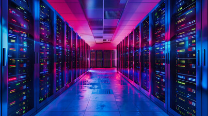 Fototapeta premium Vibrant, futuristic data center with rows of high-tech server racks illuminated by multi-colored LED lights, showcasing modern digital infrastructure.