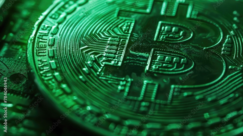 Poster a close up view of a green lit bitcoin. perfect for finance and cryptocurrency concepts