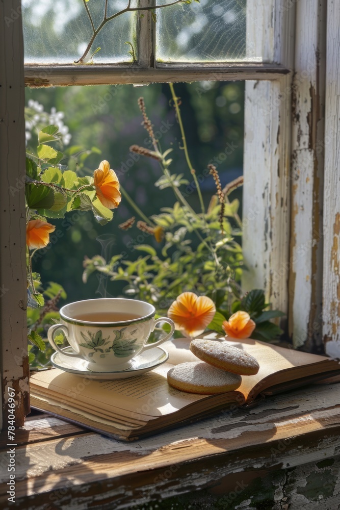 Poster a relaxing scene with a cup of tea and a book on a window sill. perfect for cozy home or reading the