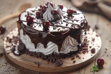 Delicious chocolate cake topped with whipped cream and cherries, perfect for dessert menus or bakery advertisements