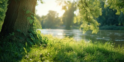 A serene image of a tree in a grassy area next to a body of water. Perfect for nature backgrounds